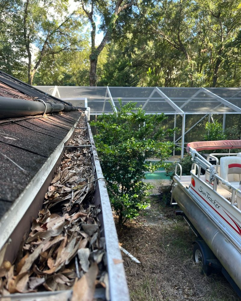 Leaf-clogged gutter before cleaning