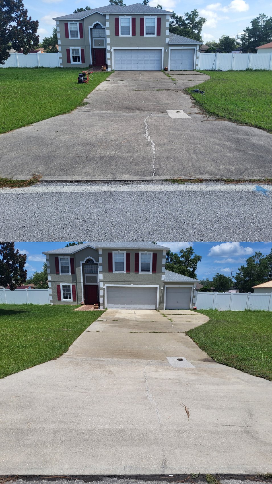 Driveway before and after — vertical collage of dirty then cleaned concrete driveway