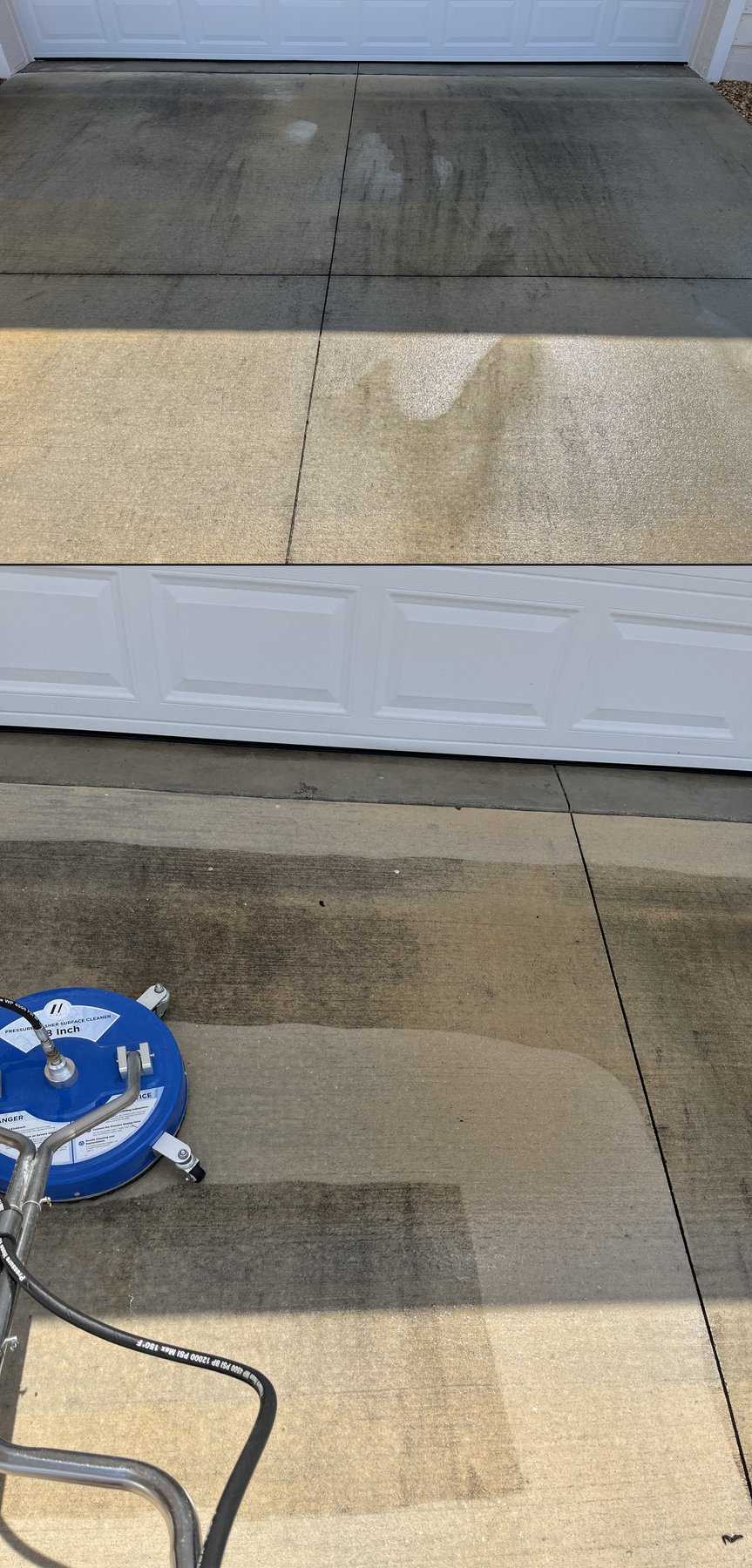 Garage driveway before and during — dirty slabs then surface cleaner stripe