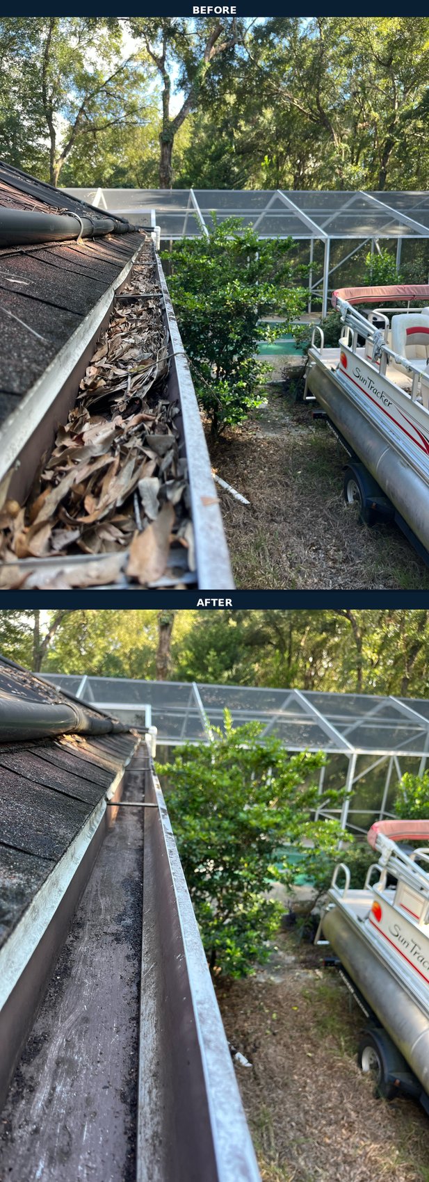 Gutter cleaning before and after — pontoon boat and pool screen enclosure, leaf clog cleared