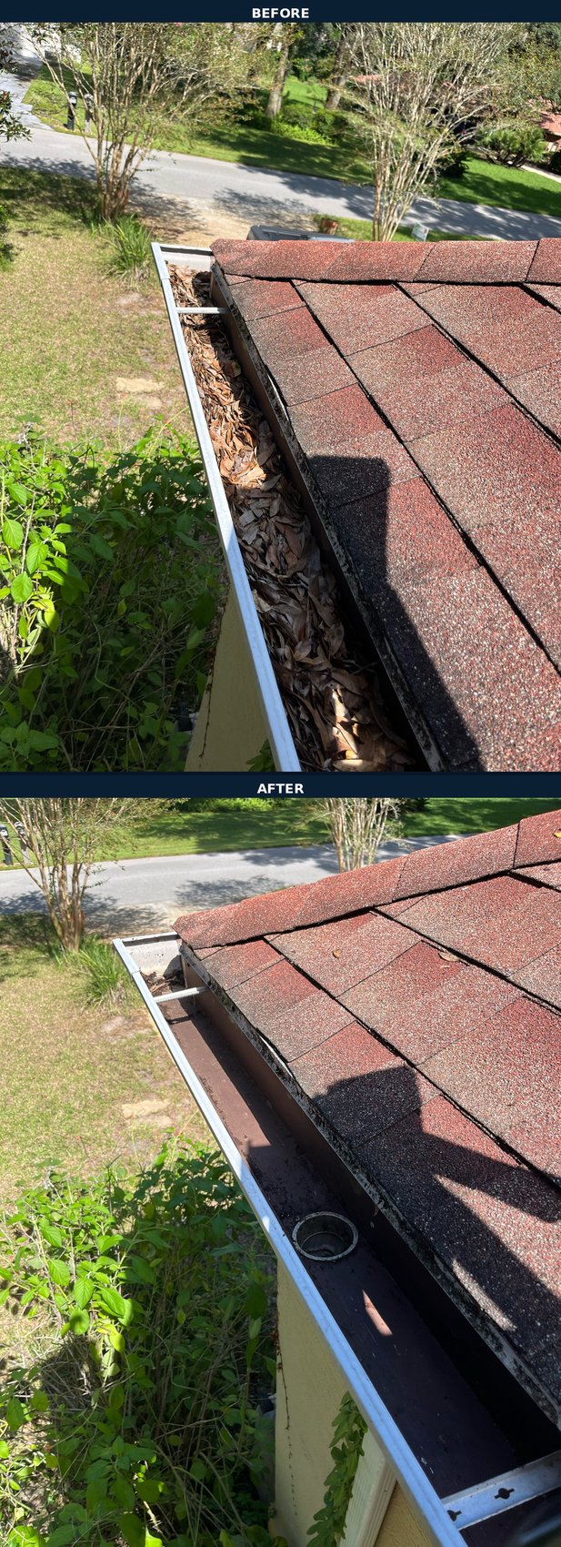 Gutter cleaning before and after — oak leaves cleared, open downspout