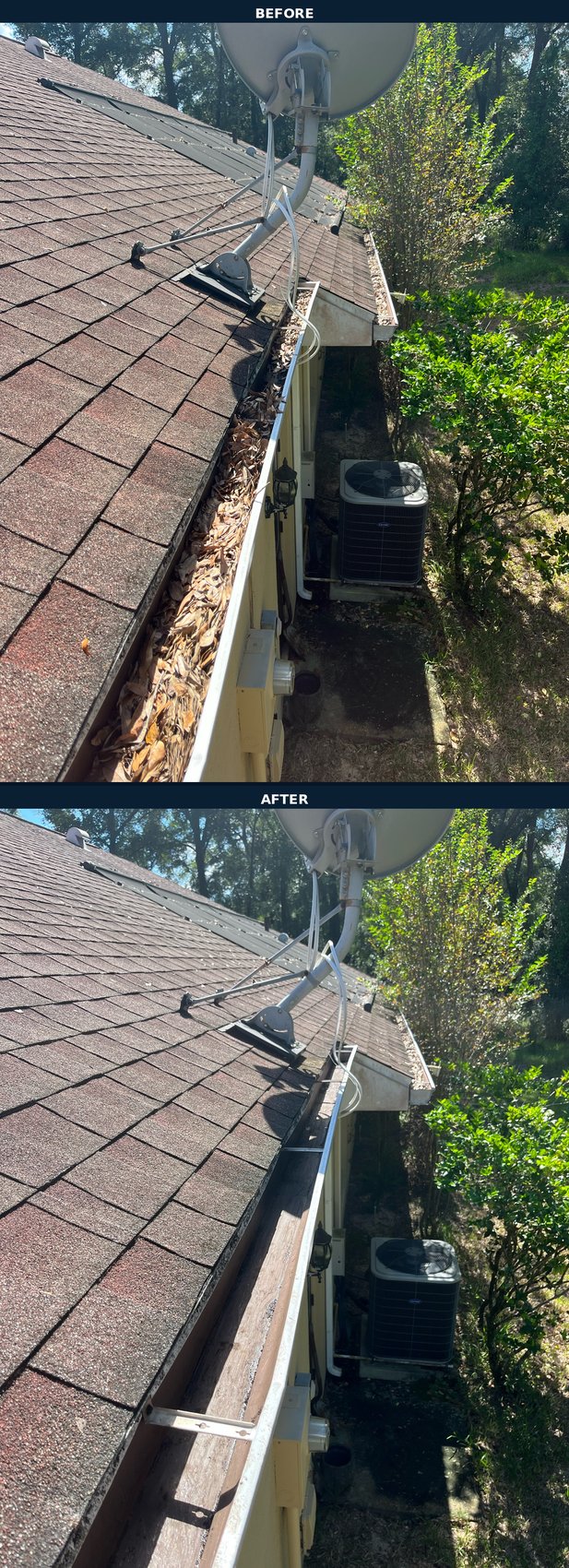 Gutter cleaning before and after — satellite dish and AC unit, leaf clog cleared
