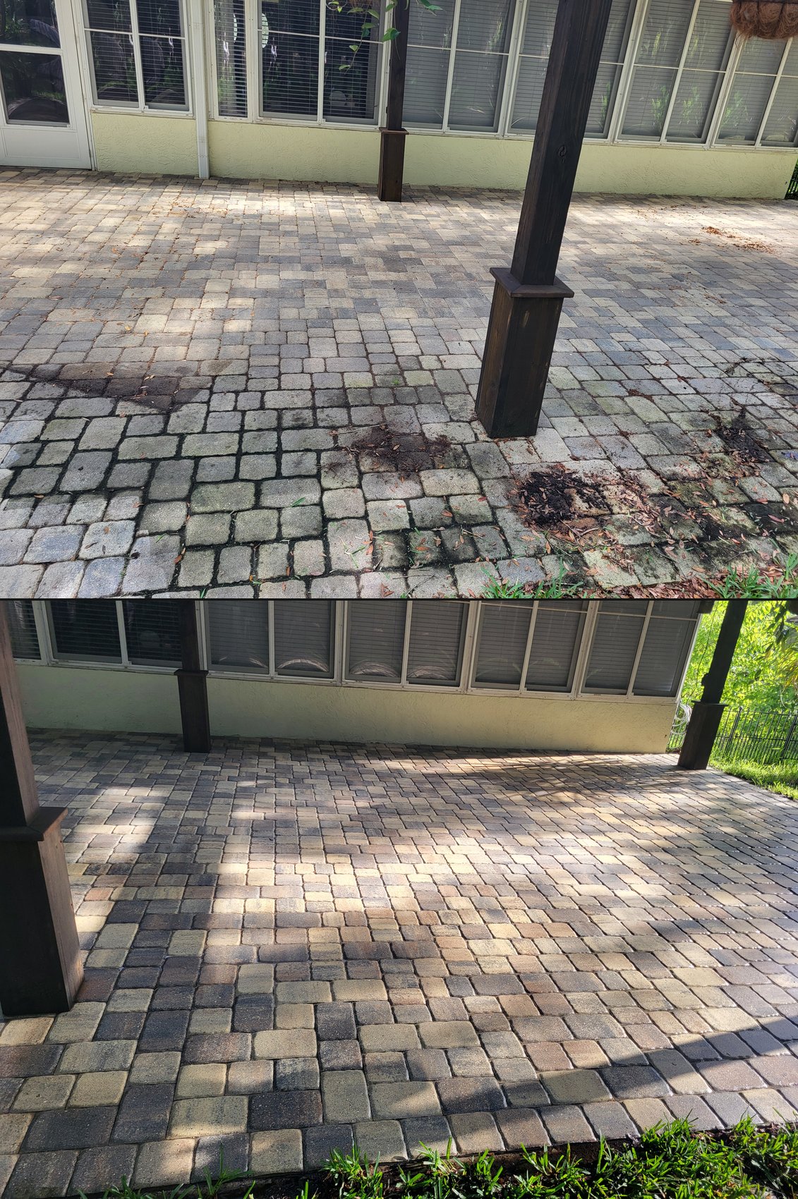 Stacked before and after — interlocking paver patio cleaned under pergola