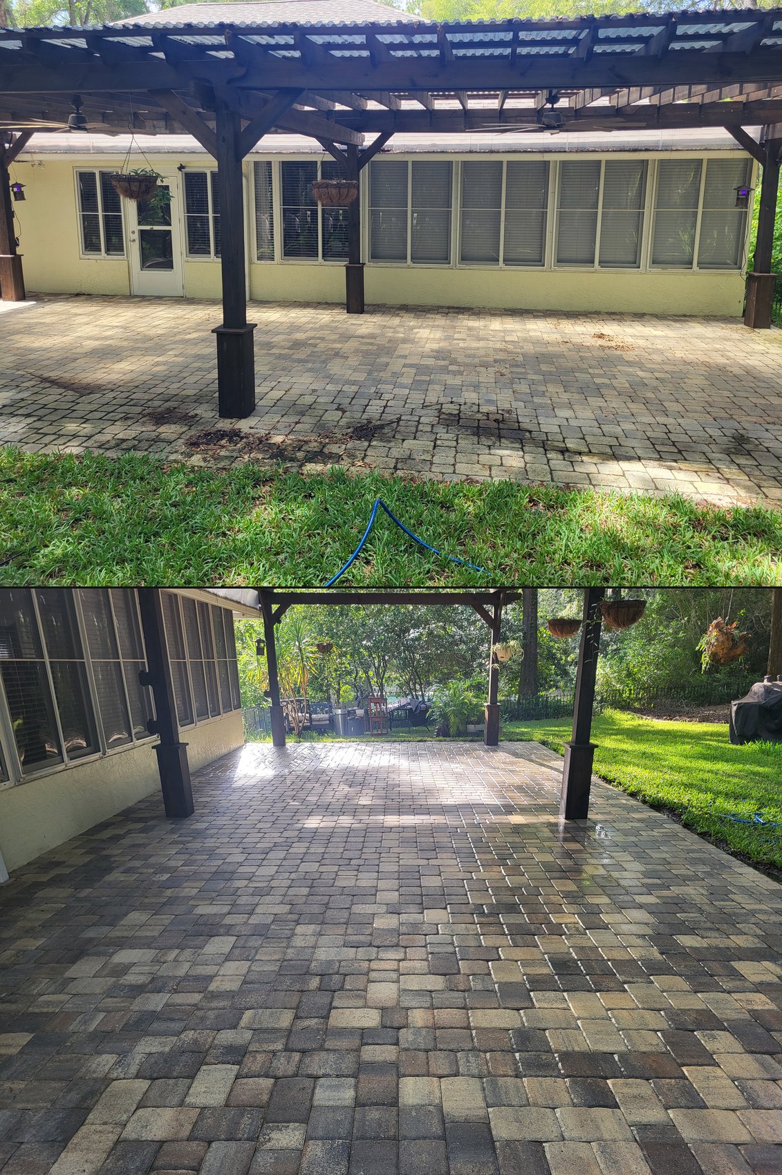 Stacked before and after — wide interlocking paver patio under pergola