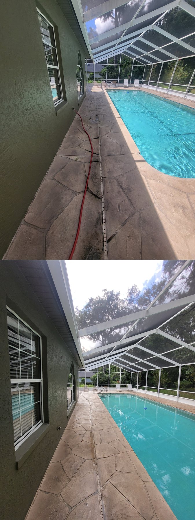 Stamped pool deck before and after cleaning