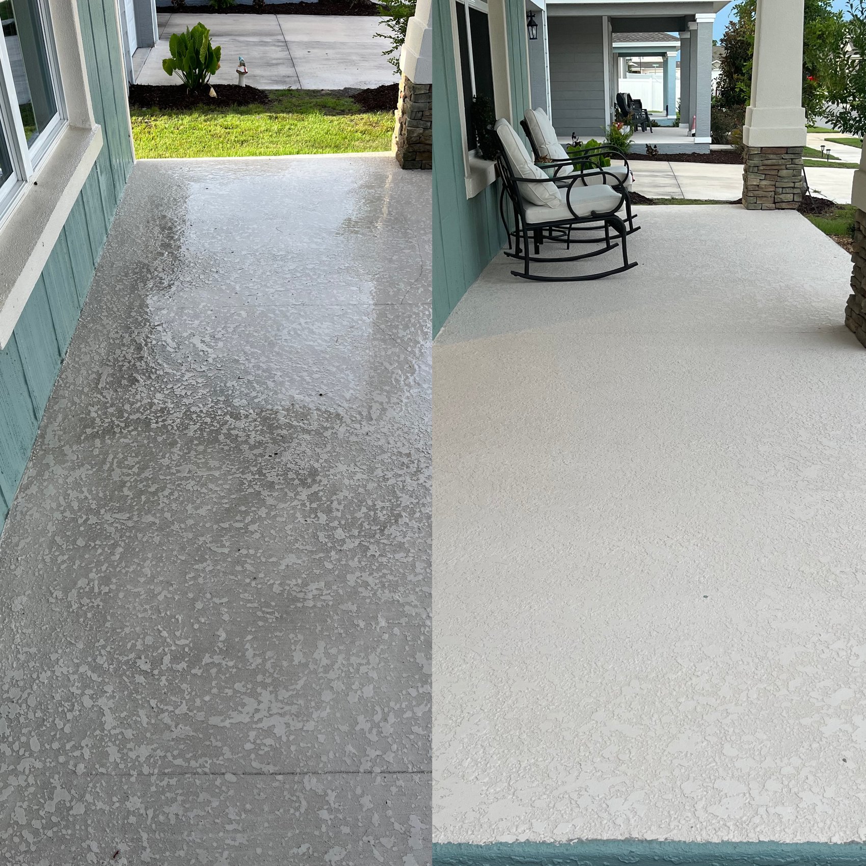 Front porch concrete before and after — side-by-side dirty then cleaned porch floor