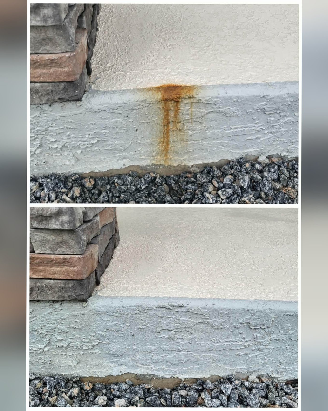 Rust stain removal on exterior masonry before and after