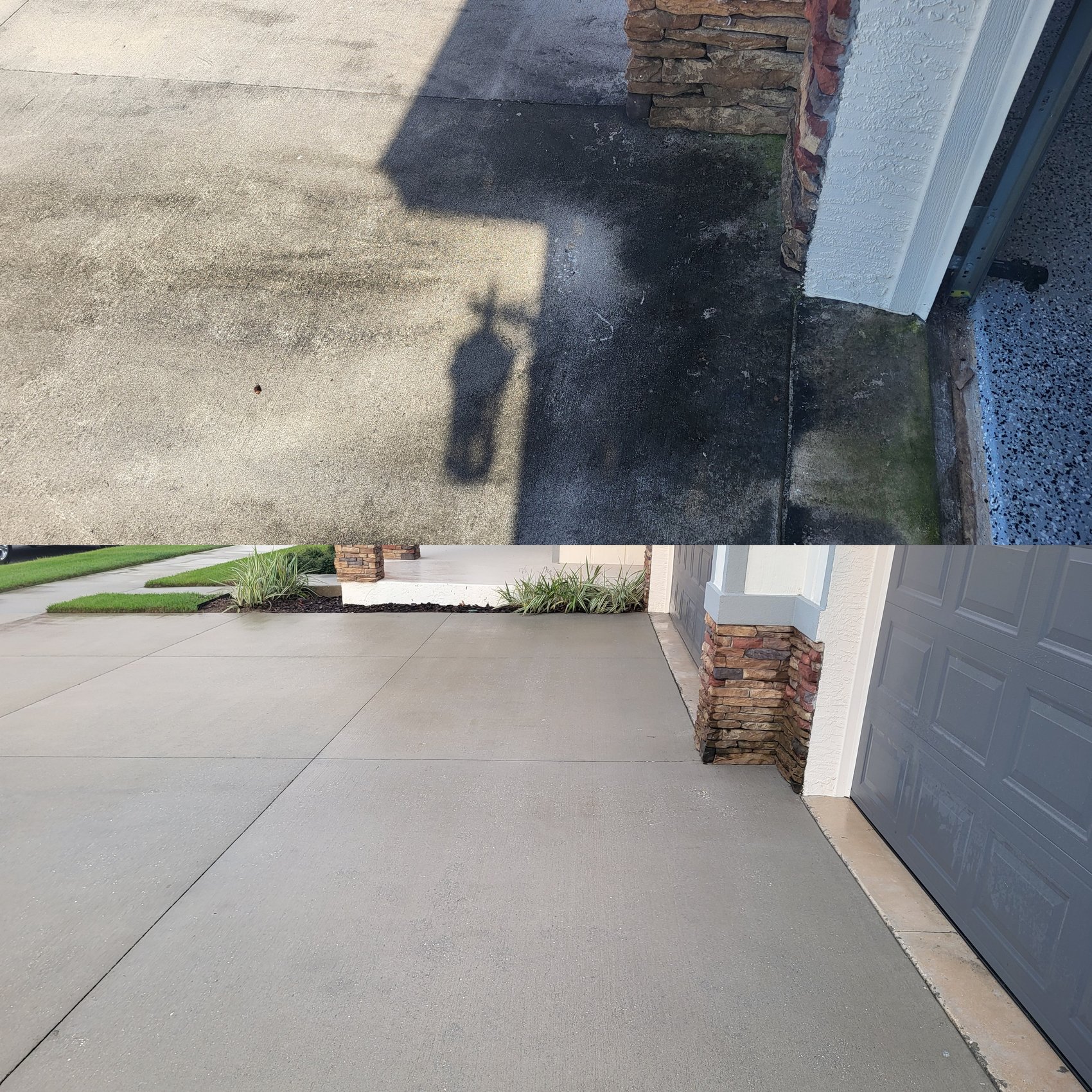 Walkway and garage apron before and after cleaning