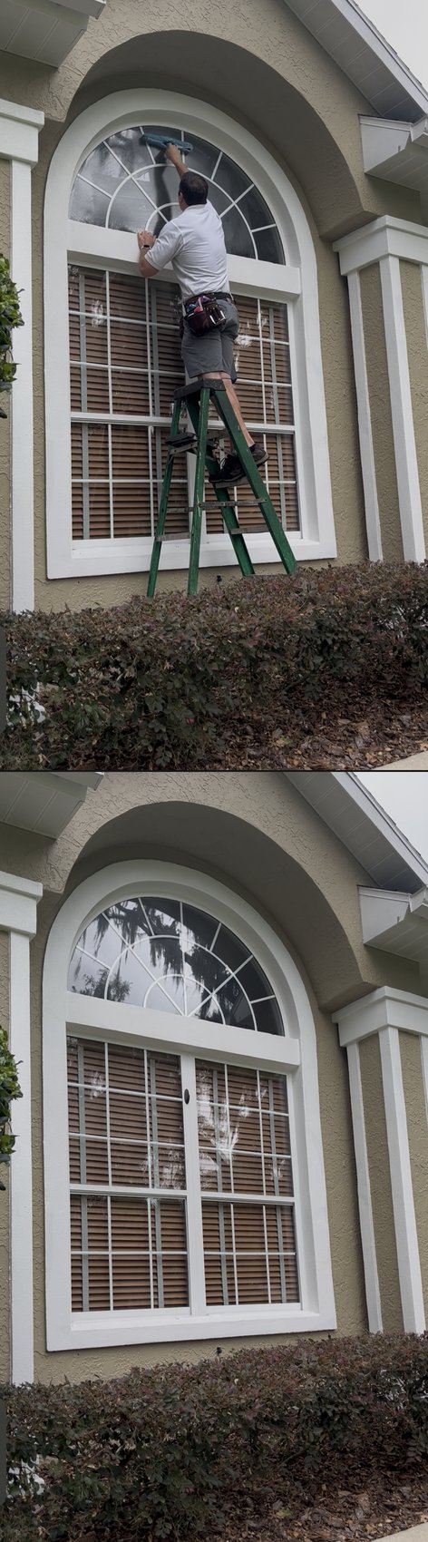 Arched window during and after cleaning — tech on ladder then clear glass
