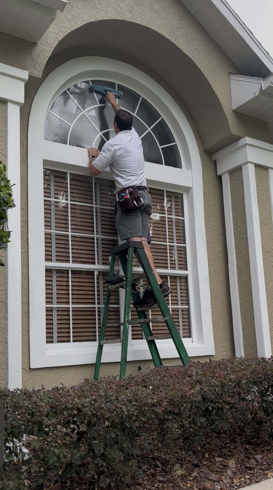 Arched window during cleaning — tech on green ladder