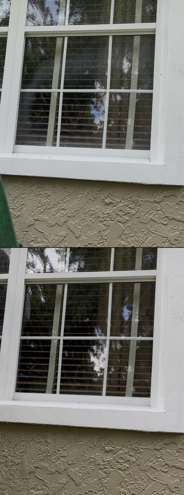 Multi-pane window before and after cleaning on tan stucco