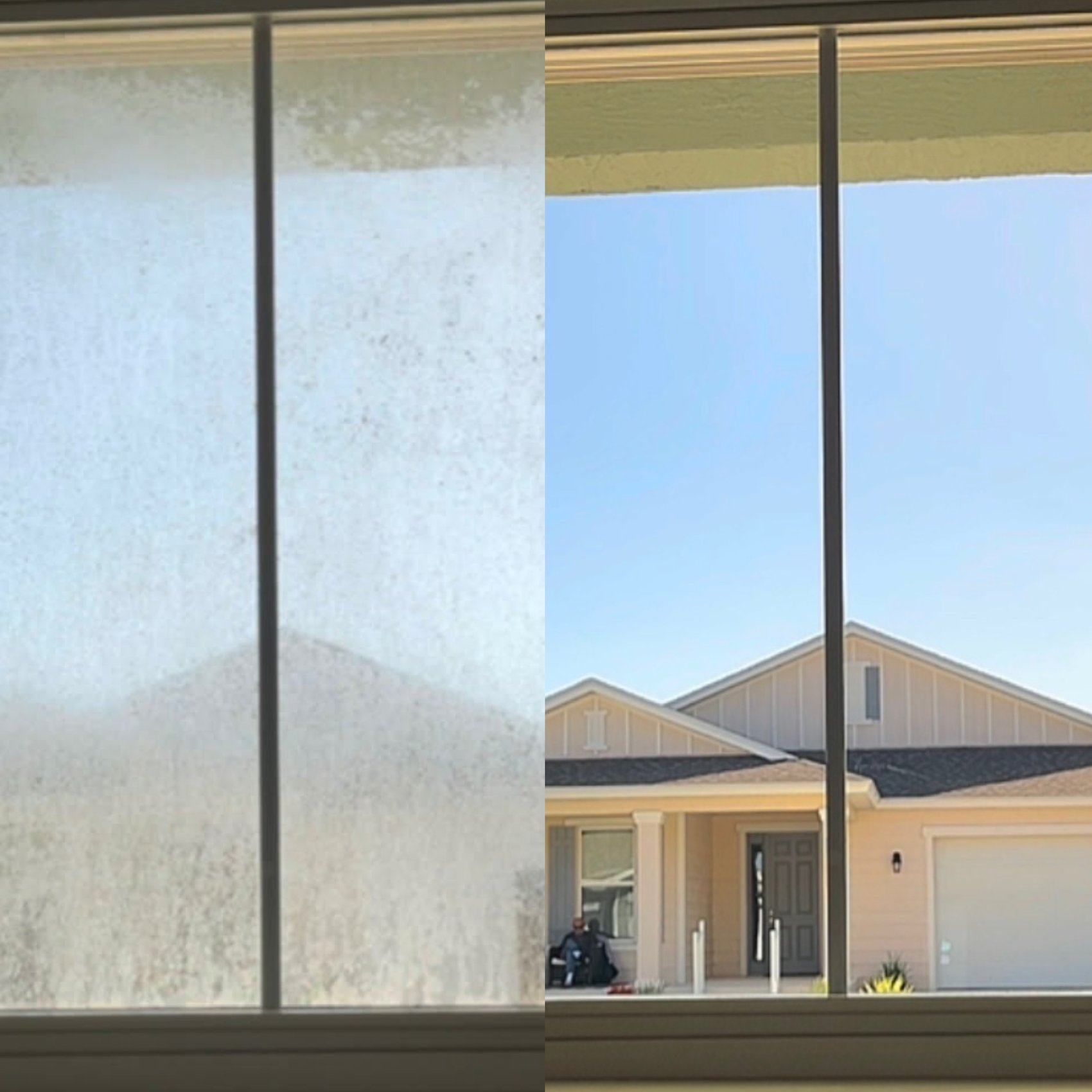 Window hard-water before and after — mineral haze cleared to a clear outdoor view