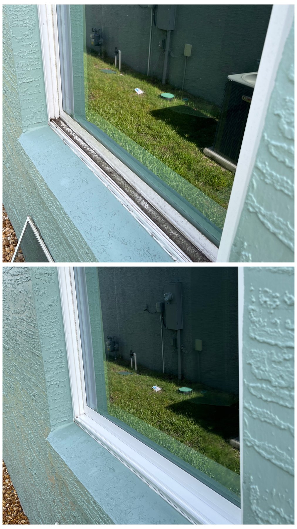 Window track before and after — dirty top, cleaned bottom on teal stucco