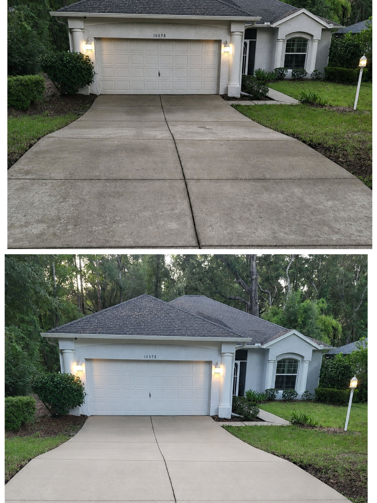 Driveway before and after collage — house garage driveway dirty then bright